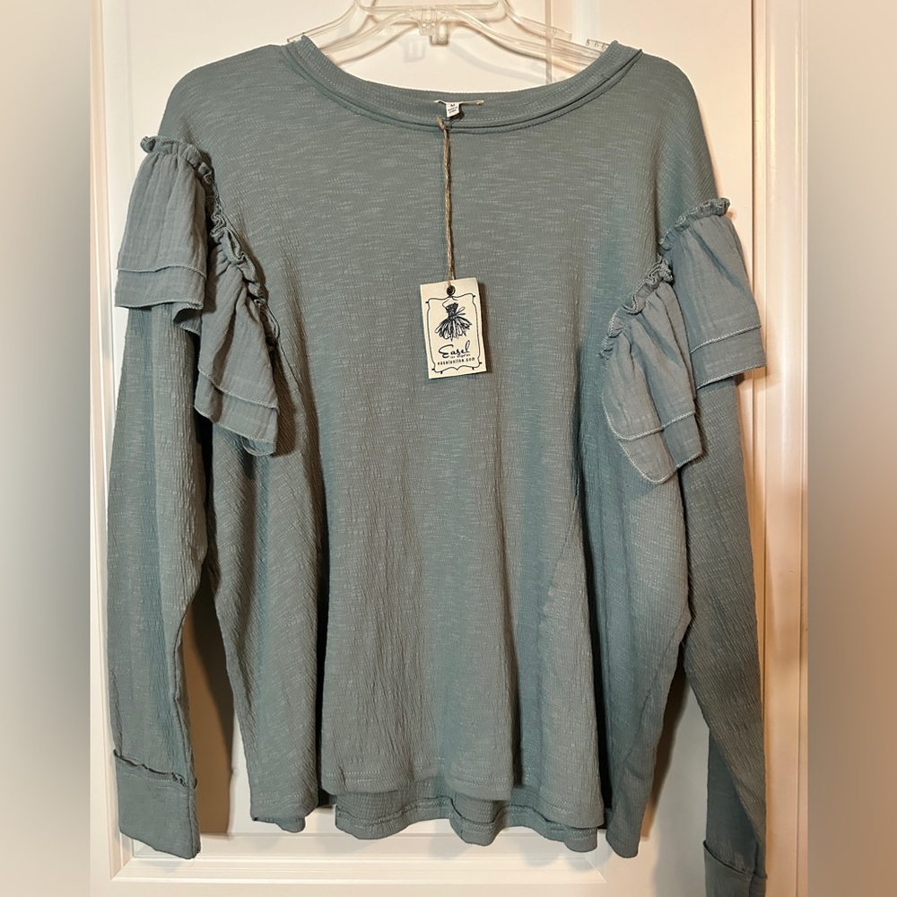 Faded Blue washed cotton slub knit ruffle top
